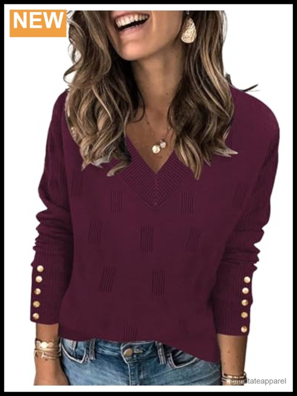 Women's V Neck Long Sleeve Lightweight Knit Pullover Sweater with Buttons